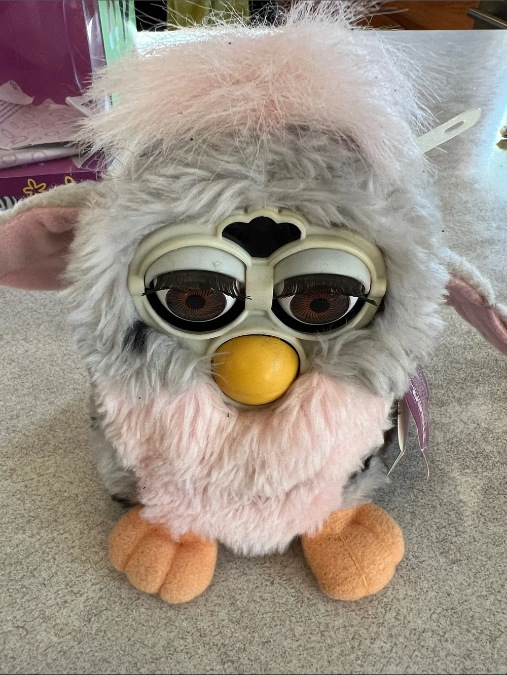Vintage rare pink and grey spotted Tiger Electronic Furby in box